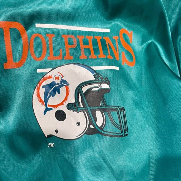 NFL MIAMI DOLPHINS VINTAGE 80’ RETRO BOMBER SATIN JACKET TEAL/ORANGE Sz L TRENDY - Picture 5 of 16